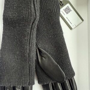 All Saints Charcoal Knit Gloves with Leather Detail